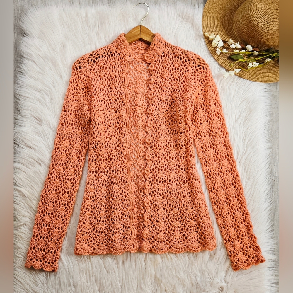 Vintage Peach Crochet Button-Front Cardigan Sweater